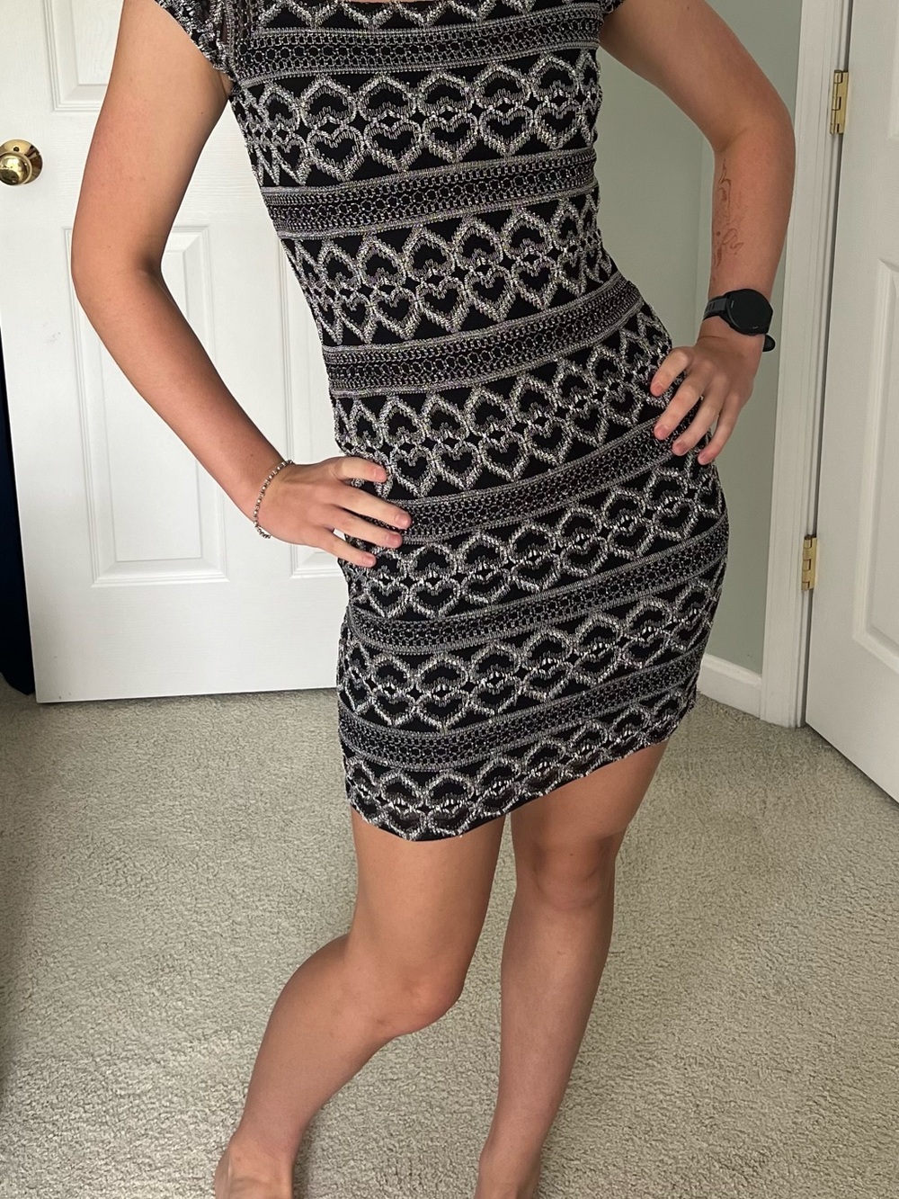 Vintage Hugo Buscati Collection Black White Knit Bodycon Dress Women's Medium